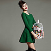 Weiman Retro elastischer Baumwolle Schlank Langarm-Kleid (Grün)