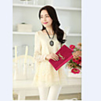 WeiMeiJia Frauen Einfache langer Abschnitt Schlank Splice Lace Shirt (Cream)