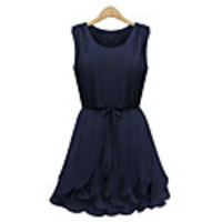WeiMeiJia Frauen Einfache Plissee-Chiffon-Kleid mit Rüschen (Marine-Blau)