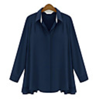 WeiMeiJia Frauen Einfache Revers Lose Langarm-Shirt (Marine-Blau,  Weiß)