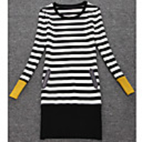 Weimeijia Strickwaren Stripes Round Kragen Kleid (Schwarz)