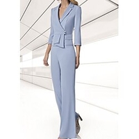 Zweiteilig Hosenanzug Brautmutterkleid Elegant V-Ausschnitt Boden-Länge Stretch Chiffon 3/4 Ärmel mit Knöpfe 2022 Lightinthebox