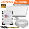 Selfsat H21DQ 12 TV Teilnehmer SAT Flachantenne FLAT + Multischalter 5/12 + Koaxkabel FULL HD 4K