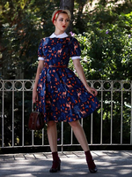 1950er Jahre Retro-Kleid Dark Navy Printed Irregular Poms Ärmelloses Turndown-Halsband Rockabilly-Kleid
