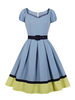 1950er Jahre Retro-Kleid herzförmiger Ausschnitt Plissee geschichtete kurze Ärmel mittlerer Farbblock Himmelblaues Rockabilly-Kleid