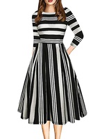 1950er Jahre Retro Kleid Jewel Neck Half Sleeves Streifen Muster Rockabilly Vintage Long Dress