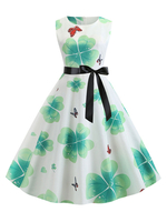 1950er Jahre Retro Kleid Jewel Neck Schärpe Ärmellos Knielang Rockabilly Kleid mit Blumendruck