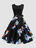 1950er Jahre Retro Kleid Jewel Neck Schärpe Ärmellos Knielang Rockabilly Kleid mit Blumendruck