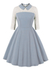 1950er Jahre Retro Kleid Jewel Neck Spitze Stretch Lange Ärmel Knielang Zweifarbiges Swingkleid