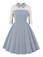 1950er Jahre Retro Kleid Jewel Neck Spitze Stretch Lange Ärmel Knielang Zweifarbiges Swingkleid