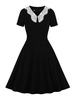 1950er Jahre Retro Kleid Peter Pan Kragen Paspeln Layered Short Sleeves Klassisches Medium Schwarzes Rockabilly Kleid