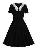 1950er Jahre Retro Kleid Peter Pan Kragen Paspeln Layered Short Sleeves Klassisches Medium Schwarzes Rockabilly Kleid