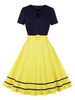 1950er Jahre Retro-Kleid Schwarz Jewel Neck Cut Out Layered Short Sleeves Medium Color Block Rockabilly Kleid