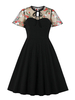 1950er Jahre Retro Kleid Schwarzes Blumendruckmuster Layered Cut Out Short Sleeves Jewel Neck Swing Dress