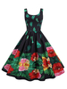 1950er Jahre Retro Kleid Träger Ausschnitt Ärmellos Langes Blumendruckmuster Grünes Swingkleid
