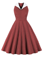 1950er Jahre Retro Kleid Turndown Kragen Plissee Unregelmäßiges Ärmelloses Polka Dot Burgund Rockabilly Kleid