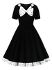 1950er Jahre Schwarz Retro Kleid Layered Bows Ärmell gestaltete Ausschnitt Polka Dot Vintage Swing Dress