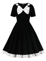 1950er Jahre Schwarz Retro Kleid Layered Bows Ärmell gestaltete Ausschnitt Polka Dot Vintage Swing Dress