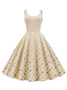 1950er Jahre Vintage Kleid Aprikose Polka Dot Offene Schulter Plissee ärmelloses Retro-Kleid mit quadratischem Hals