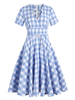 1950er Jahre Vintage Kleid Baby Blau Kariertes Muster Stretch Plissee Kurze Ärmel V-Ausschnitt Rockabilly Kleid
