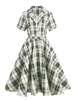 1950er Jahre Vintage Kleid Dunkelgrün Kariertes Muster Stretch Knöpfe Kurze Ärmel V-Ausschnitt Rockabilly Kleid