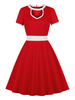 1950er Jahre Vintage Kleid Jewel Neck Cut Out Layered Short Sleeves Medium Color Block Red Swing Dress