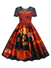 1950er Jahre Vintage Kleid Jewel Neck Kurzarm Medium Halloween Printed Orange Red Swing Dress