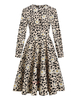 1950er Jahre Vintage Kleid Jewel Neck Plissee Stretch Lange Ärmel Blumen Bedrucktes Swingkleid