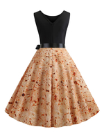 1950er Jahre Vintage Kleid Jewel Neck Schärpe geknotet ärmelloses Blumendruck Swingkleid Retro Kleid