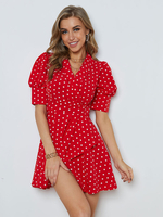1950er Jahre Vintage Kleid Red Polka Dot Layered Kurzarm V-Ausschnitt Rockabilly Kleid Retro-Kleid