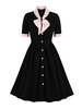 1950er Jahre Vintage Kleid Schwarz Polka Dot Layered Knöpfe Kurze Ärmel V-Ausschnitt Schwarzes Rockabilly Kleid