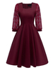 1950er Jahre Vintage Kleid Square Neck 3/4 Ärmeln Polyester Burgund Midi Rockabilly Kleid
