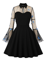 1950er Jahre Vintage Kleid Stehkragen Plissee Layered Lange Ärmel Knielang Animal Print Swing Dress