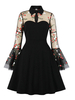 1950er Jahre Vintage Kleid Stehkragen Plissee Layered Lange Ärmel Knielang Gedruckt Rockabilly Kleid