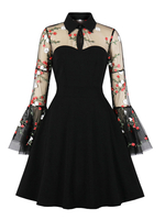 1950er Jahre Vintage Kleid Stehkragen Plissee Layered Lange Ärmel Knielang Gedruckt Rockabilly Kleid