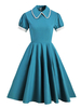 1950er Jahre Vintage Kleid Umlegekragen Plissee Stretch Kurze Ärmel Blau Langes Zweifarbiges Swingkleid