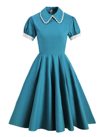 1950er Jahre Vintage Kleid Umlegekragen Plissee Stretch Kurze Ärmel Blau Langes Zweifarbiges Swingkleid