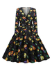 1950er Jahre Vintage Kleid V-Ausschnitt mit langen Ärmeln Medium Halloween Kürbis bedrucktes Rockabilly Kleid