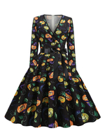 1950er Jahre Vintage Kleid V-Ausschnitt mit langen Ärmeln Medium Halloween Kürbis bedrucktes Rockabilly Kleid