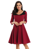 1950er Retro-Kleid Burgunderrot Zweifarbige halbe Ärmel Jewel Neck Rockabilly Kleid Retro-Kleid
