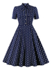 1950er Retro Kleid Dunkelmarine Polka Dot Stretch Paspel Kurze Ärmel Stehkragen Swingkleid