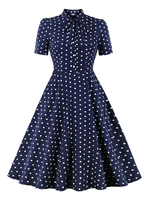 1950er Retro Kleid Dunkelmarine Polka Dot Stretch Paspel Kurze Ärmel Stehkragen Swingkleid