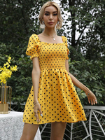 1950er Retro Kleid Gelb Polka Dot Kurze Ärmel Square Neck Rockabilly Kleid