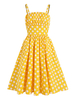 1950er Retro Kleid Gelbes Polka Dots Muster Stretch Plissee Ärmellose Träger Ausschnitt Swing Dress