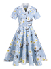 1950er Retro Kleid Hellhimmelblau Blumendruck Stretch Plissee Kurze Ärmel V-Ausschnitt Swing Dress