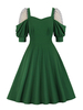 1950er Retro Kleid herzförmiger Ausschnitt Plissee Stretch halbe Ärmel Medium Polka Dot Green Swing Dress