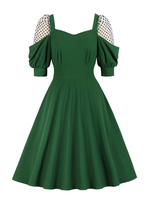 1950er Retro Kleid herzförmiger Ausschnitt Plissee Stretch halbe Ärmel Medium Polka Dot Green Swing Dress