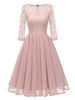 1950er Retro Kleid Jewel Neck 3/4 Ärmeln Rosa Midi Rockabilly Kleid
