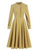 1950er Retro Kleid Juwel Hals Rüschen Stretch Lange Ärmel Gelbes langes Rockabilly Kleid