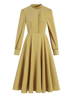 1950er Retro Kleid Juwel Hals Rüschen Stretch Lange Ärmel Gelbes langes Rockabilly Kleid